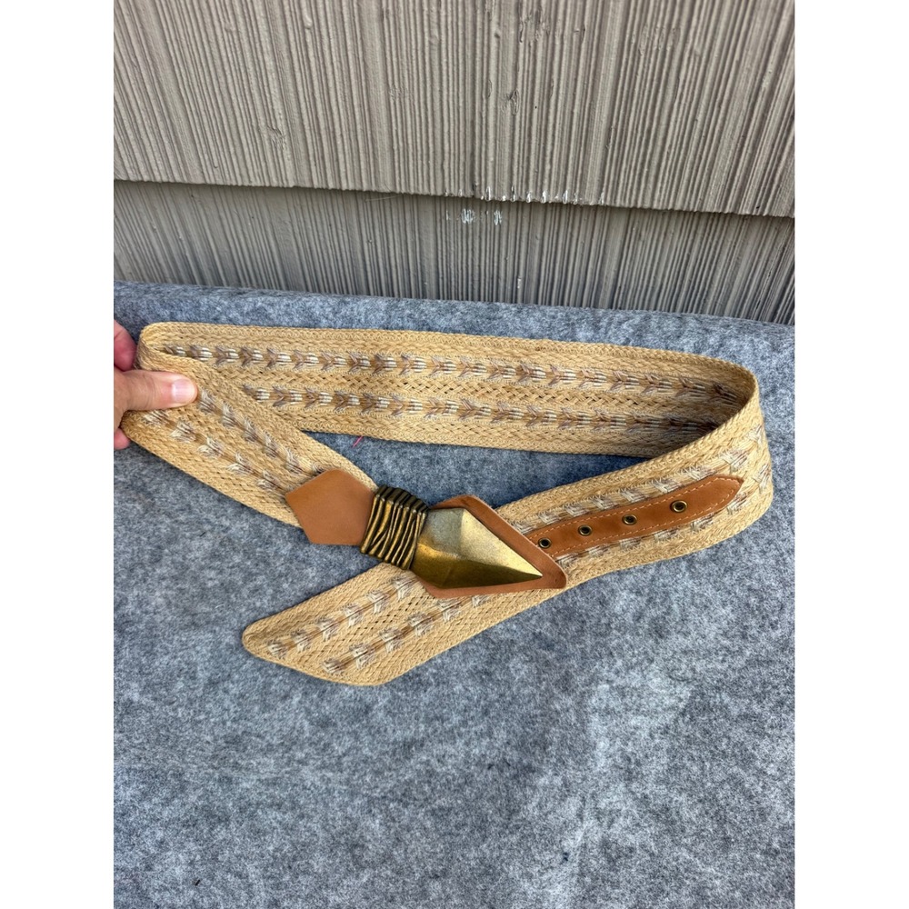 Vintage Woven Raffia Belt Gold Arrowhead Buckle Boho Straw Leather Tan Wide 38in